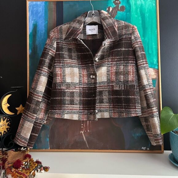 Ricki's Plaid Cropped Blazer in Brown and Cream XS - Picture 2 of 16